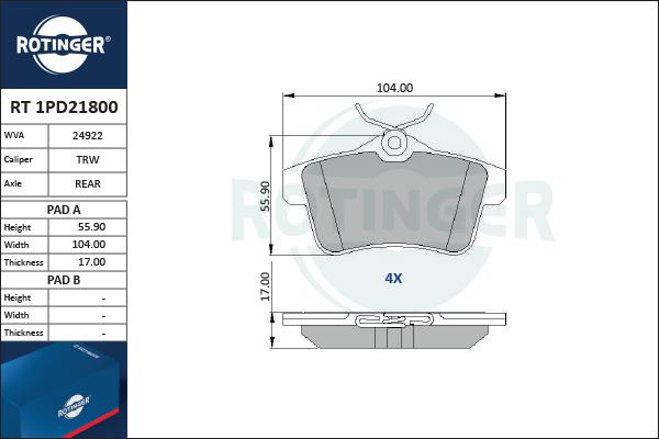 Rotinger RT 1PD21800 - Kit pastiglie freno, Freno a disco autozon.pro