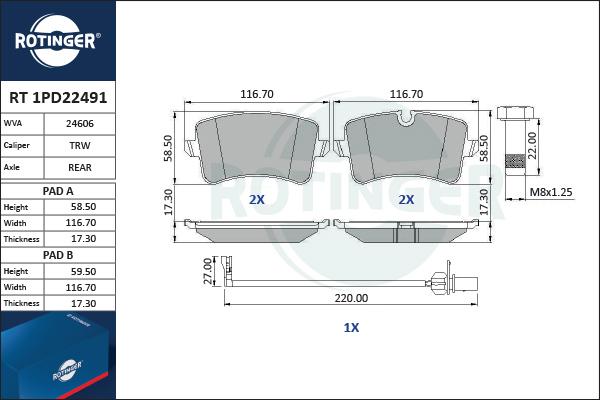 Rotinger RT 1PD22491 - Kit pastiglie freno, Freno a disco autozon.pro