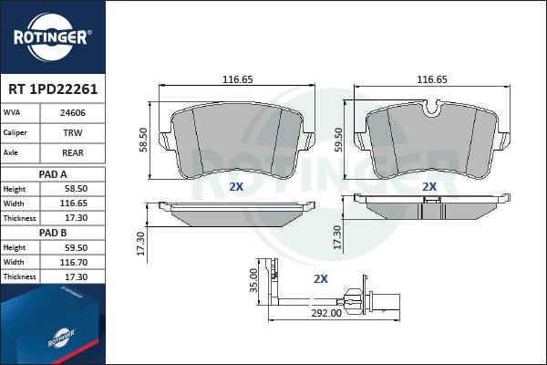 Rotinger RT 1PD22261 - Kit pastiglie freno, Freno a disco autozon.pro