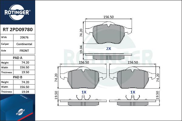 Rotinger RT 2PD09780 - Kit pastiglie freno, Freno a disco autozon.pro