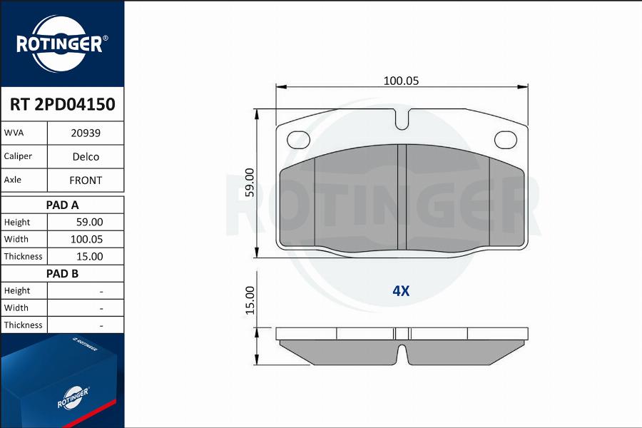 Rotinger RT 2PD04150 - Kit pastiglie freno, Freno a disco autozon.pro