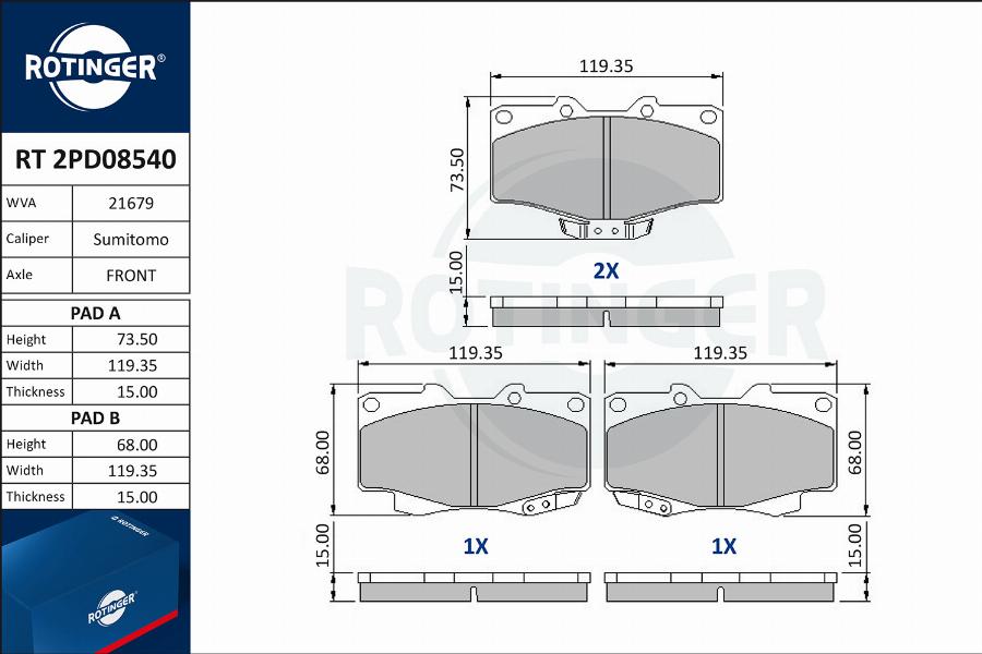 Rotinger RT 2PD08540 - Kit pastiglie freno, Freno a disco autozon.pro