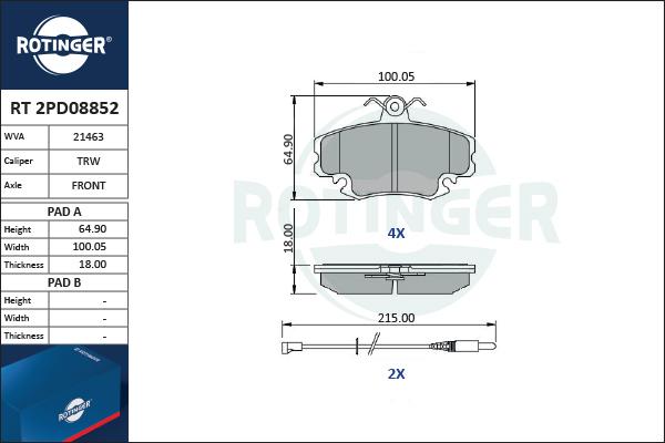 Rotinger RT 2PD08852 - Kit pastiglie freno, Freno a disco autozon.pro