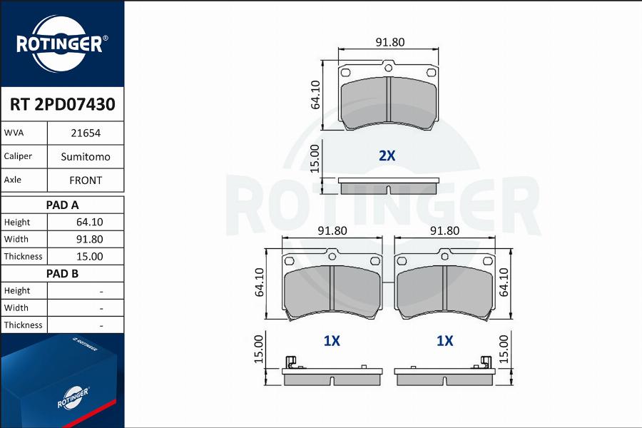 Rotinger RT 2PD07430 - Kit pastiglie freno, Freno a disco autozon.pro