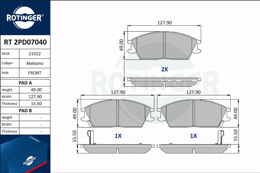 Rotinger RT 2PD07040 - Kit pastiglie freno, Freno a disco autozon.pro