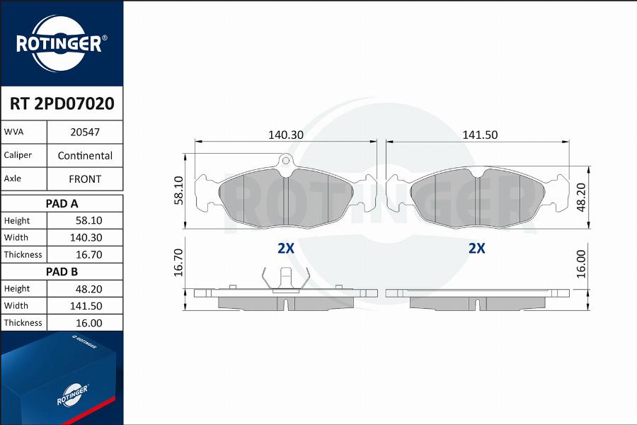 Rotinger RT 2PD07020 - Kit pastiglie freno, Freno a disco autozon.pro