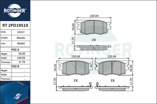 Rotinger RT 2PD19510 - Kit pastiglie freno, Freno a disco autozon.pro