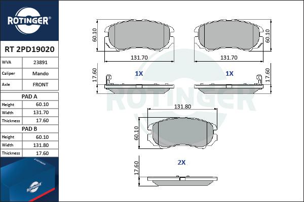 Rotinger RT 2PD19020 - Kit pastiglie freno, Freno a disco autozon.pro