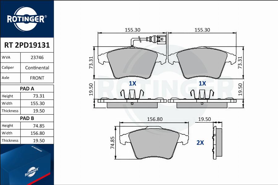 Rotinger RT 2PD19131 - Kit pastiglie freno, Freno a disco autozon.pro