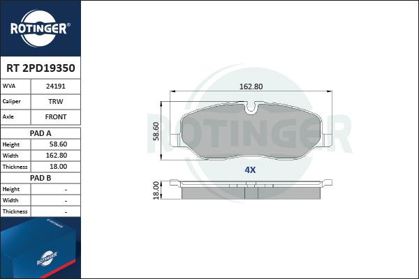 Rotinger RT 2PD19350 - Kit pastiglie freno, Freno a disco autozon.pro