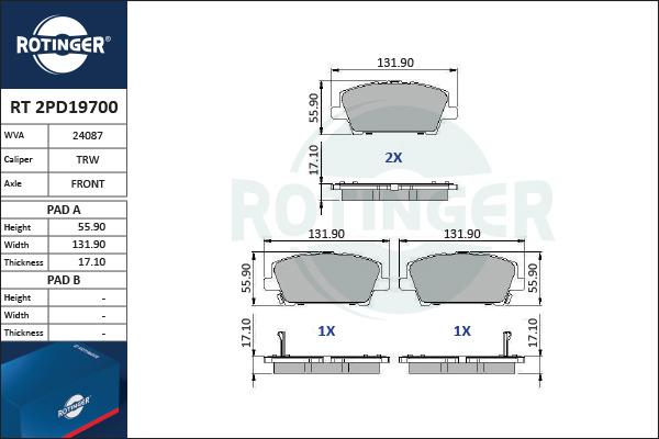 Rotinger RT 2PD19700 - Kit pastiglie freno, Freno a disco autozon.pro