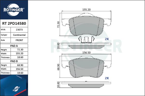 Rotinger RT 2PD14580 - Kit pastiglie freno, Freno a disco autozon.pro