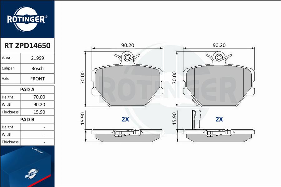 Rotinger RT 2PD14650 - Kit pastiglie freno, Freno a disco autozon.pro