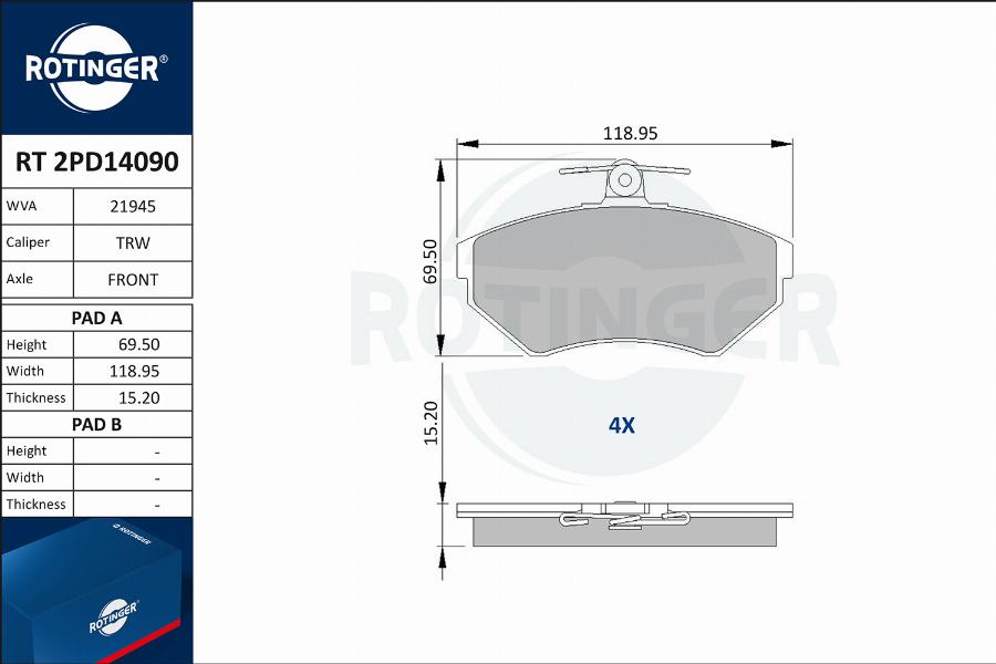 Rotinger RT 2PD14090 - Kit pastiglie freno, Freno a disco autozon.pro