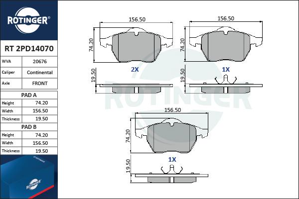 Rotinger RT 2PD14070 - Kit pastiglie freno, Freno a disco autozon.pro