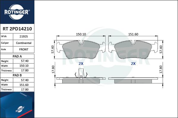 Rotinger RT 2PD14210 - Kit pastiglie freno, Freno a disco autozon.pro