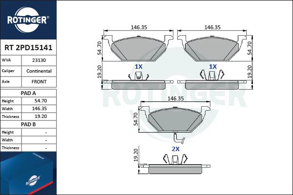 Rotinger RT 2PD15141 - Kit pastiglie freno, Freno a disco autozon.pro