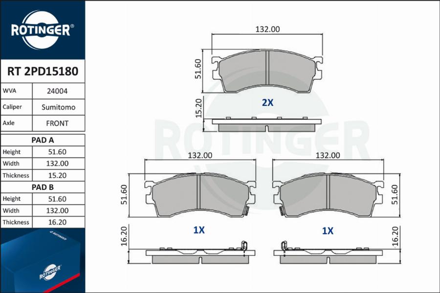 Rotinger RT 2PD15180 - Kit pastiglie freno, Freno a disco autozon.pro