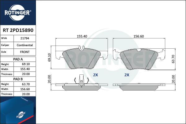 Rotinger RT 2PD15890 - Kit pastiglie freno, Freno a disco autozon.pro