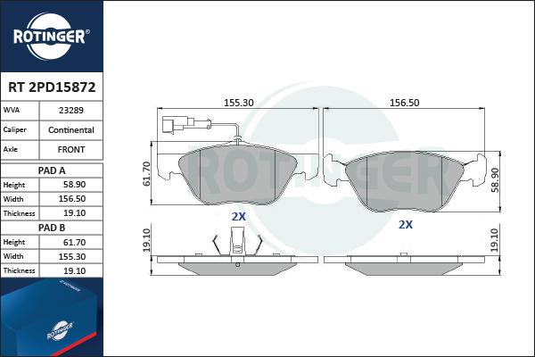 Rotinger RT 2PD15872 - Kit pastiglie freno, Freno a disco autozon.pro