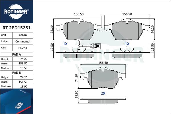 Rotinger RT 2PD15251 - Kit pastiglie freno, Freno a disco autozon.pro