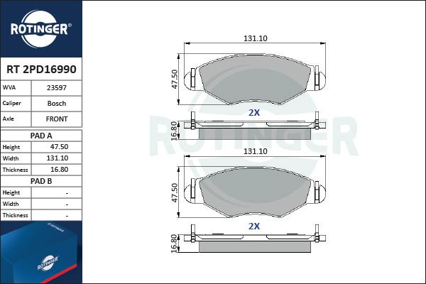 Rotinger RT 2PD16990 - Kit pastiglie freno, Freno a disco autozon.pro