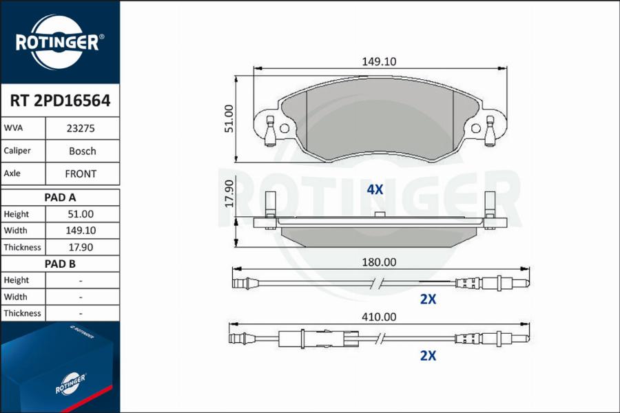 Rotinger RT 2PD16564 - Kit pastiglie freno, Freno a disco autozon.pro