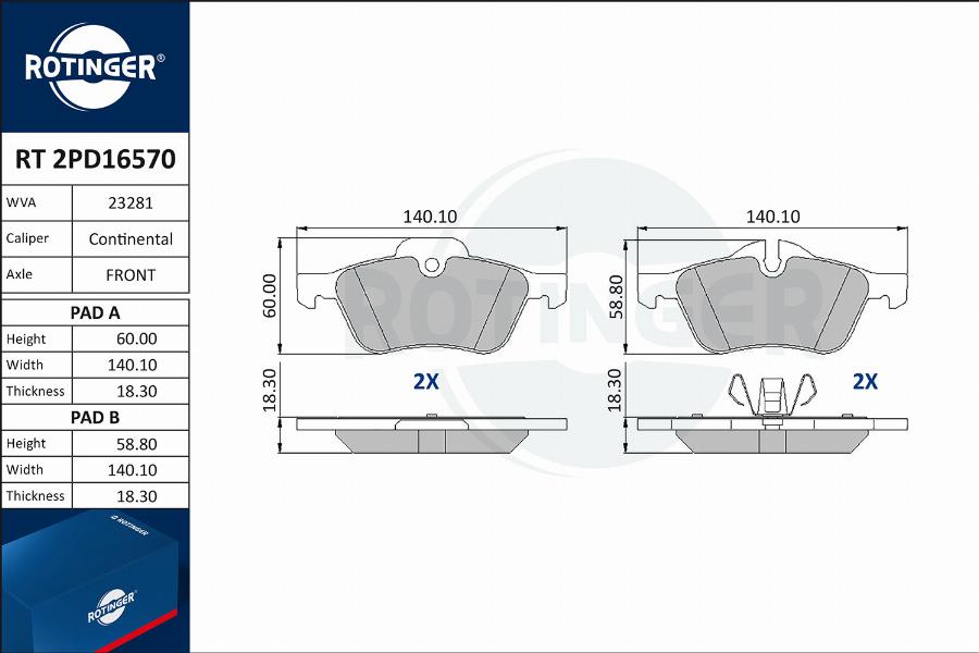 Rotinger RT 2PD16570 - Kit pastiglie freno, Freno a disco autozon.pro