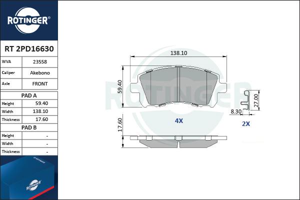 Rotinger RT 2PD16630 - Kit pastiglie freno, Freno a disco autozon.pro