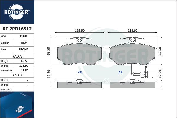 Rotinger RT 2PD16312 - Kit pastiglie freno, Freno a disco autozon.pro