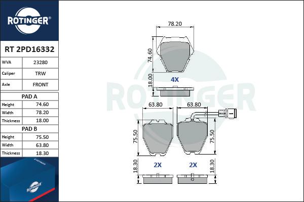 Rotinger RT 2PD16332 - Kit pastiglie freno, Freno a disco autozon.pro