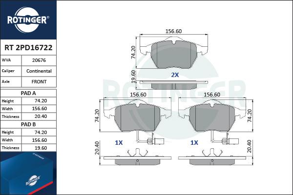 Rotinger RT 2PD16722 - Kit pastiglie freno, Freno a disco autozon.pro