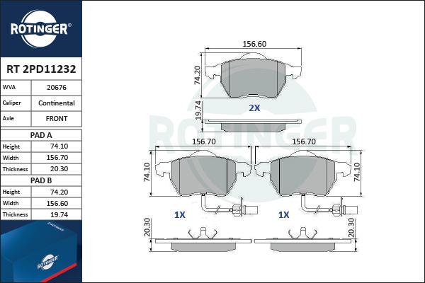 Rotinger RT 2PD11232 - Kit pastiglie freno, Freno a disco autozon.pro