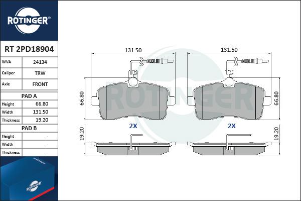 Rotinger RT 2PD18904 - Kit pastiglie freno, Freno a disco autozon.pro