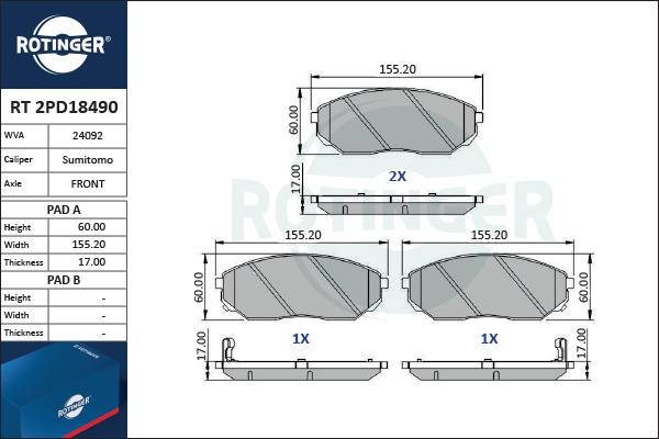 Rotinger RT 2PD18490 - Kit pastiglie freno, Freno a disco autozon.pro