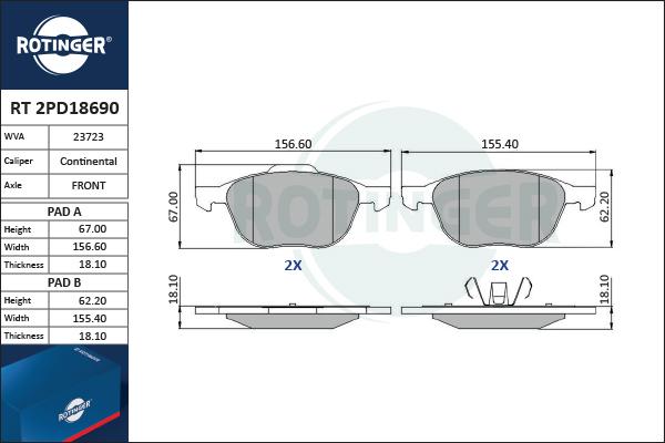 Rotinger RT 2PD18690 - Kit pastiglie freno, Freno a disco autozon.pro