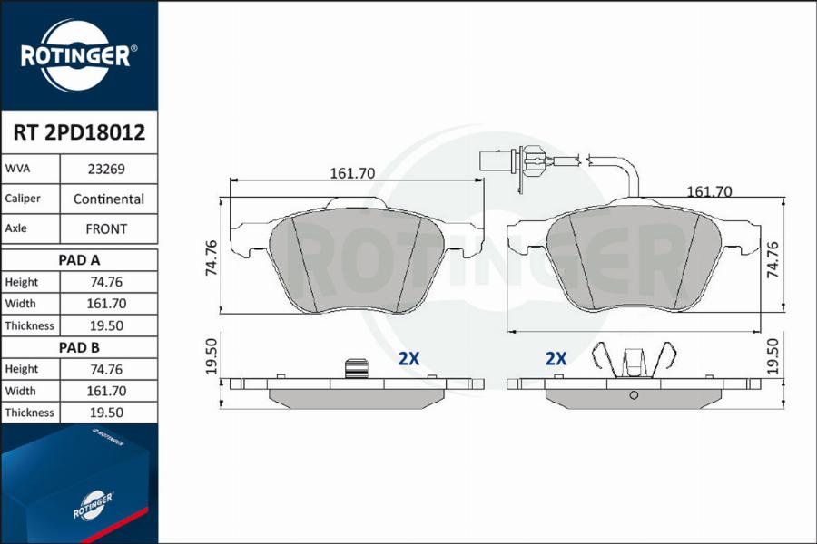 Rotinger RT 2PD18012 - Kit pastiglie freno, Freno a disco autozon.pro