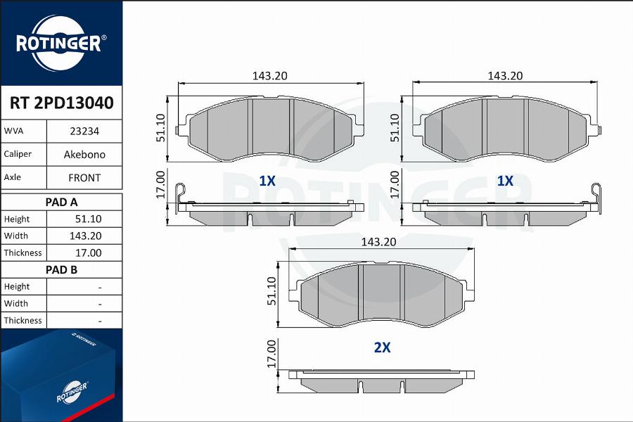 Rotinger RT 2PD13040 - Kit pastiglie freno, Freno a disco autozon.pro