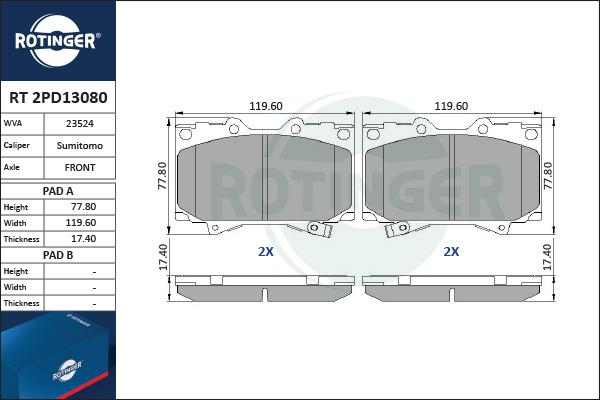 Rotinger RT 2PD13080 - Kit pastiglie freno, Freno a disco autozon.pro