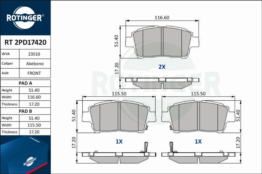 Rotinger RT 2PD17420 - Kit pastiglie freno, Freno a disco autozon.pro