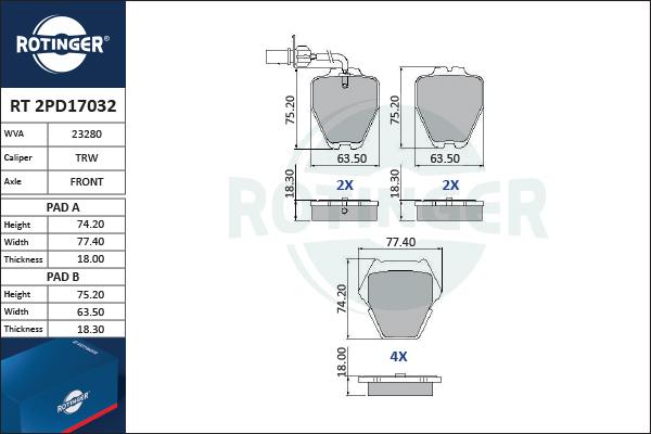 Rotinger RT 2PD17032 - Kit pastiglie freno, Freno a disco autozon.pro