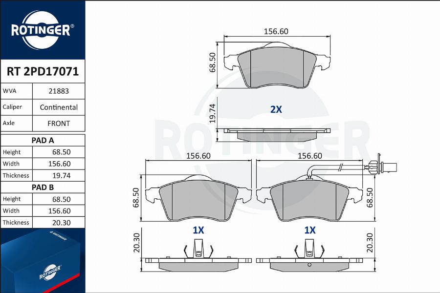 Rotinger RT 2PD17071 - Kit pastiglie freno, Freno a disco autozon.pro