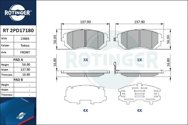 Rotinger RT 2PD17180 - Kit pastiglie freno, Freno a disco autozon.pro