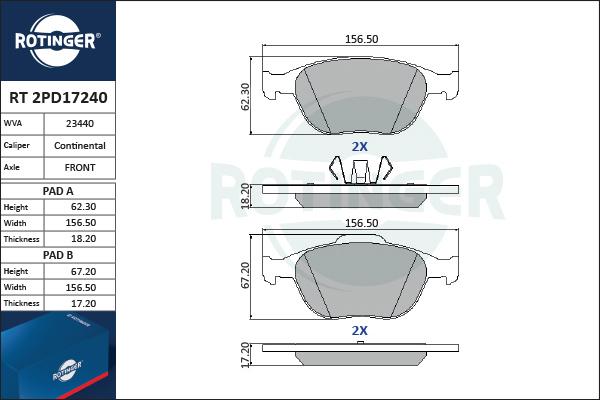 Rotinger RT 2PD17240 - Kit pastiglie freno, Freno a disco autozon.pro