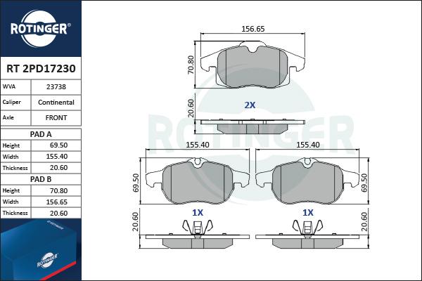 Rotinger RT 2PD17230 - Kit pastiglie freno, Freno a disco autozon.pro