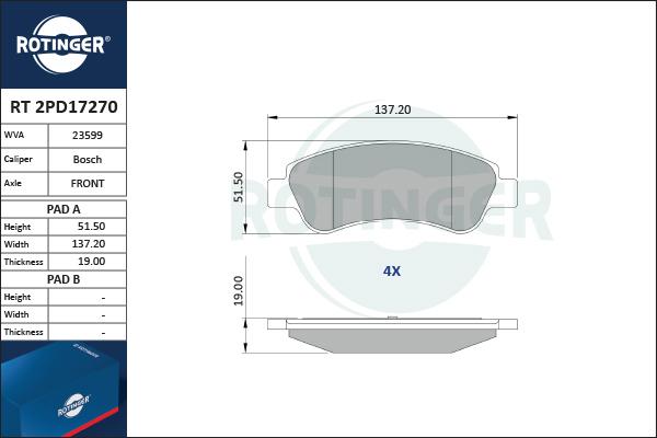 Rotinger RT 2PD17270 - Kit pastiglie freno, Freno a disco autozon.pro