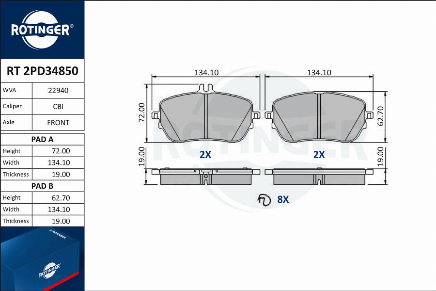 Rotinger RT 2PD34850 - Kit pastiglie freno, Freno a disco autozon.pro