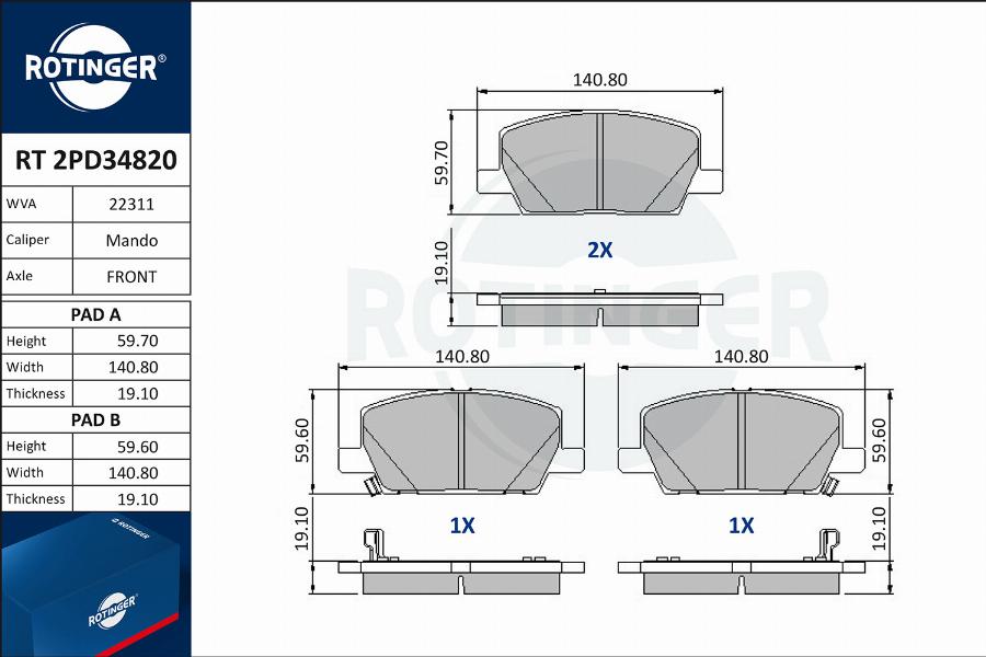 Rotinger RT 2PD34820 - Kit pastiglie freno, Freno a disco autozon.pro