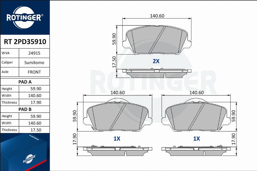 Rotinger RT 2PD35910 - Kit pastiglie freno, Freno a disco autozon.pro