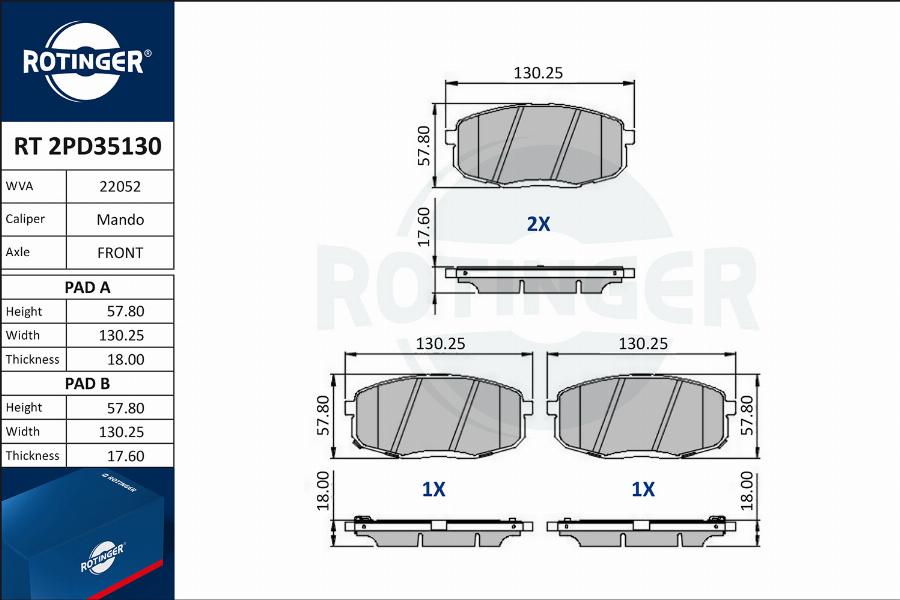 Rotinger RT 2PD35130 - Kit pastiglie freno, Freno a disco autozon.pro